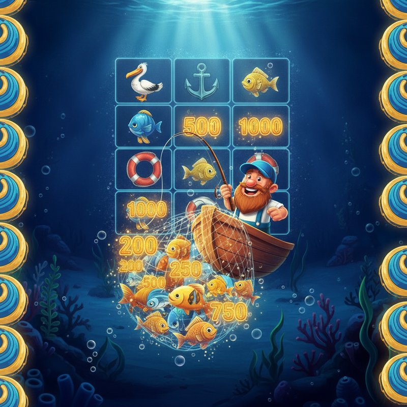 Fishin Frenzy free spins bonus round with fisherman wild catching fish prize values on screen