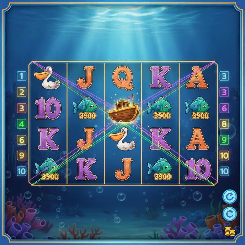 Fishin Frenzy gameplay showing active coloured paylines across the five-reel three-row grid