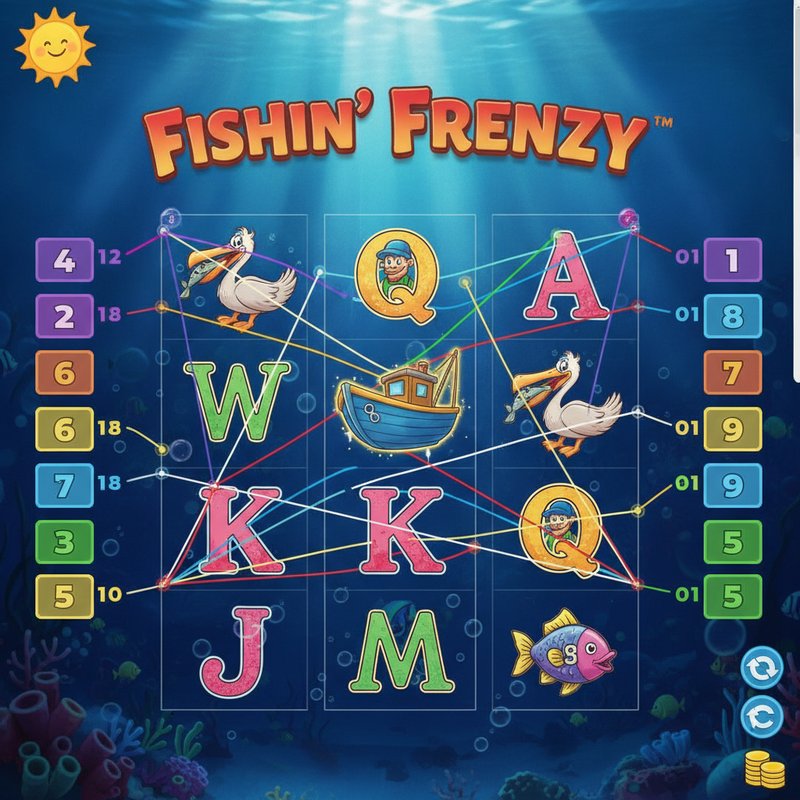 Fishin Frenzy gameplay showing active coloured paylines across the five-reel three-row grid