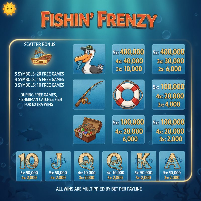 Fishin Frenzy paytable displaying pelican, fishing rod, life preserver, tackle box and card symbol payouts
