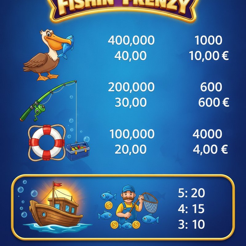 Fishin Frenzy paytable showing pelican, fishing rod, life preserver and tackle box symbol payouts